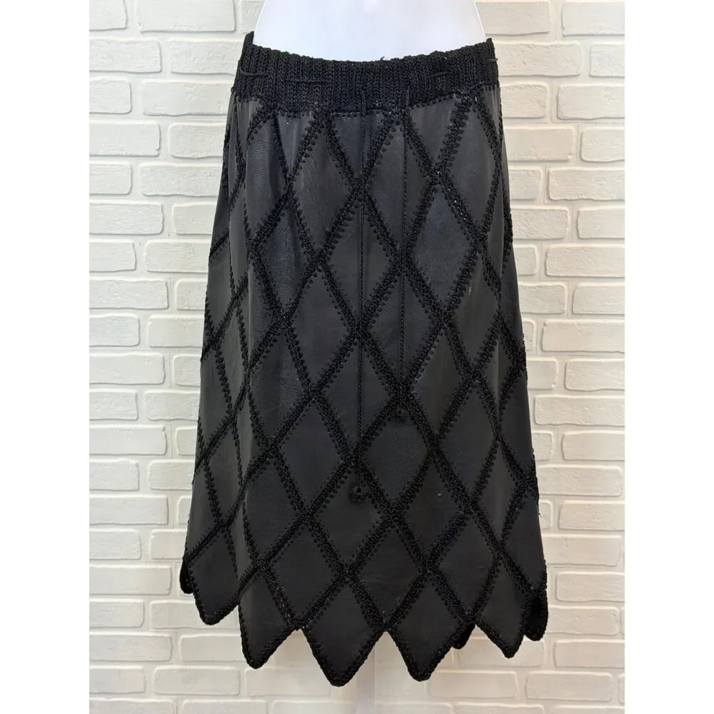 Vintage Western Leather Patchwork Skirt Black Crochet Diamond A-Line